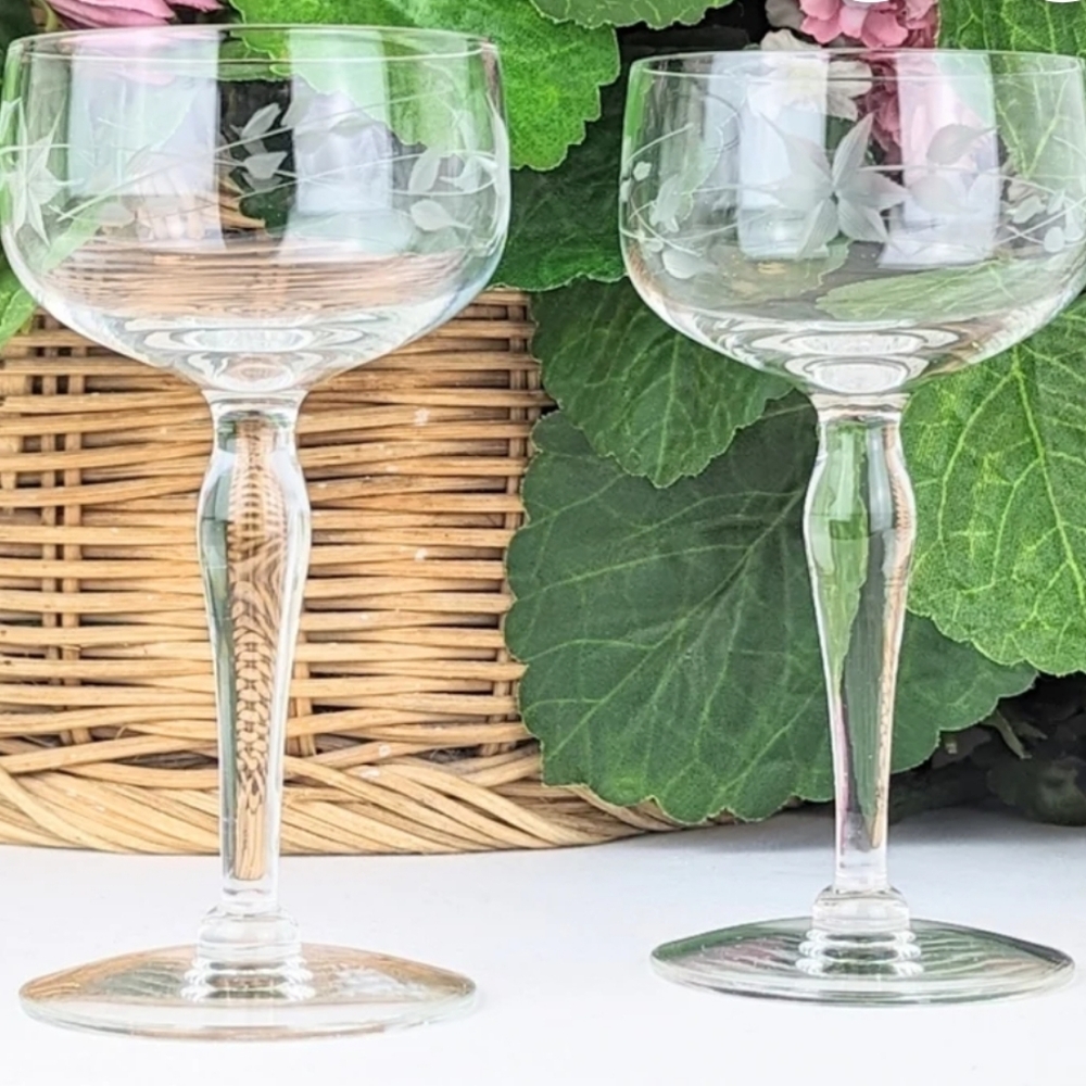 Elegant Clear Set of 2 Etched Glass Floral Vine Cordial Cocktail Glasses